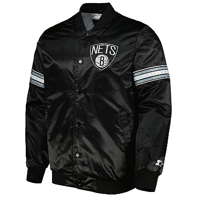 Men's Starter Black Brooklyn Nets Pick & Roll Satin Full-Snap Varsity Jacket