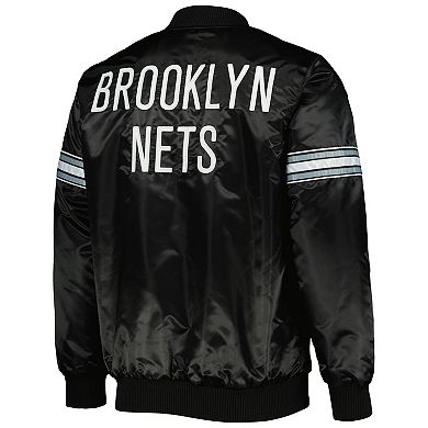 Men's Starter Black Brooklyn Nets Pick & Roll Satin Full-Snap Varsity Jacket