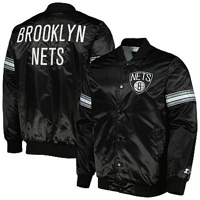 Men's Starter Black Brooklyn Nets Pick & Roll Satin Full-Snap Varsity Jacket