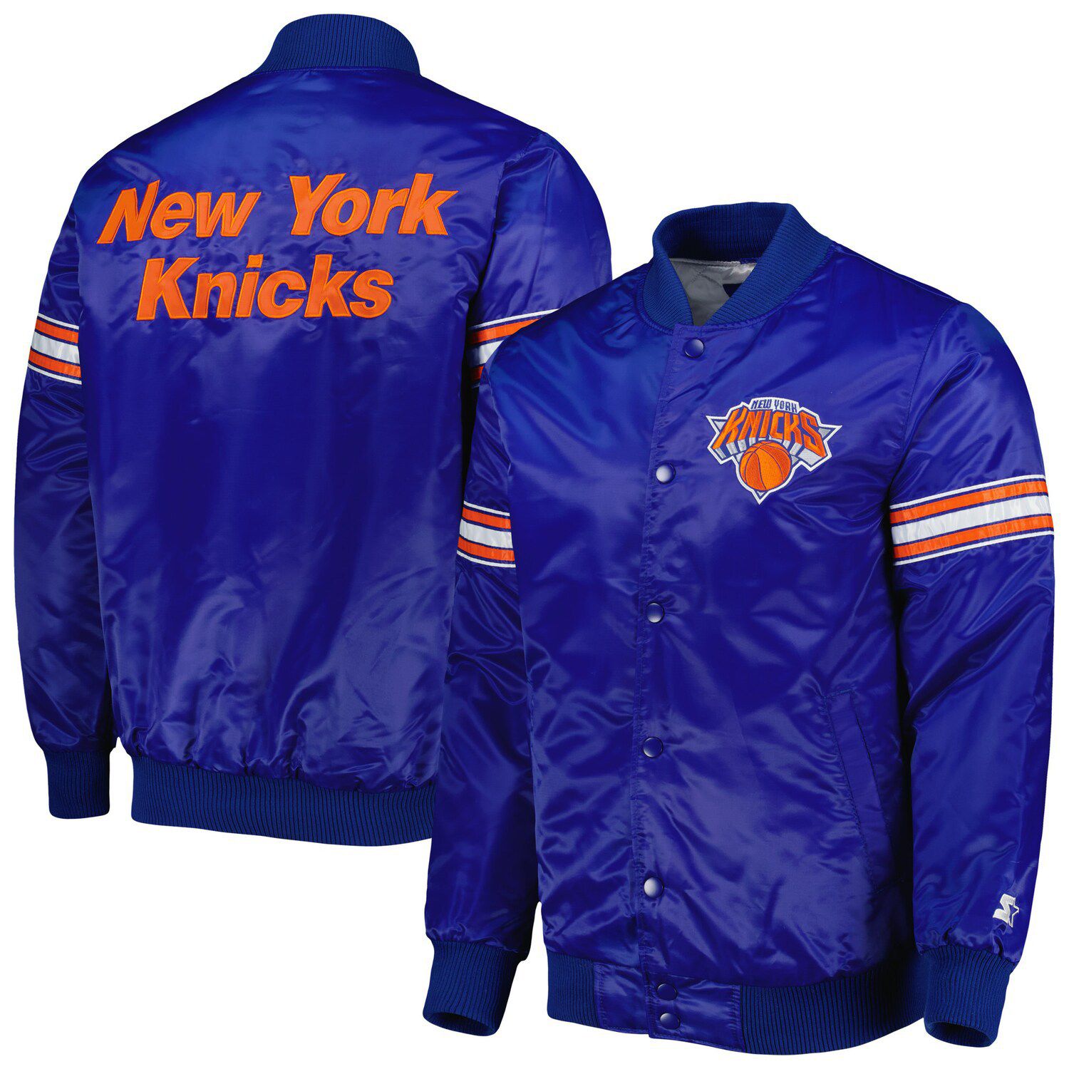 Women's Starter Blue/Orange New York Knicks Split Colorblock Satin Full-Snap Varsity Jacket Size: Large