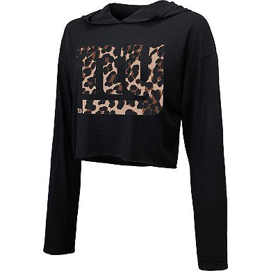 Women's Majestic Threads Black New York Giants Leopard Cropped Pullover Hoodie
