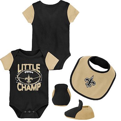 Newborn & Infant Black/Gold New Orleans Saints Little Champ Three-Piece Bodysuit Bib & Booties Set