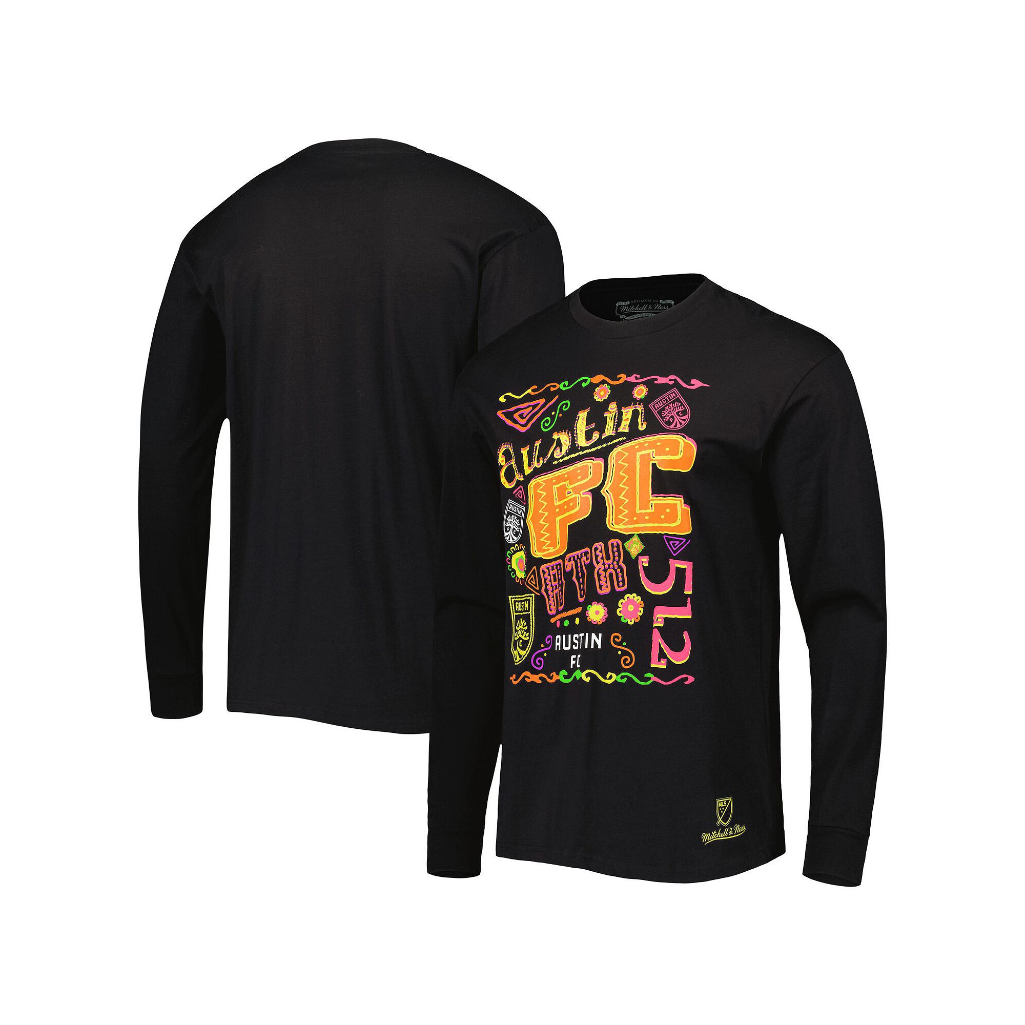Mens Mitchell & Ness Black Austin FC Papel Picado Long Sleeve T-Shirt, Siz