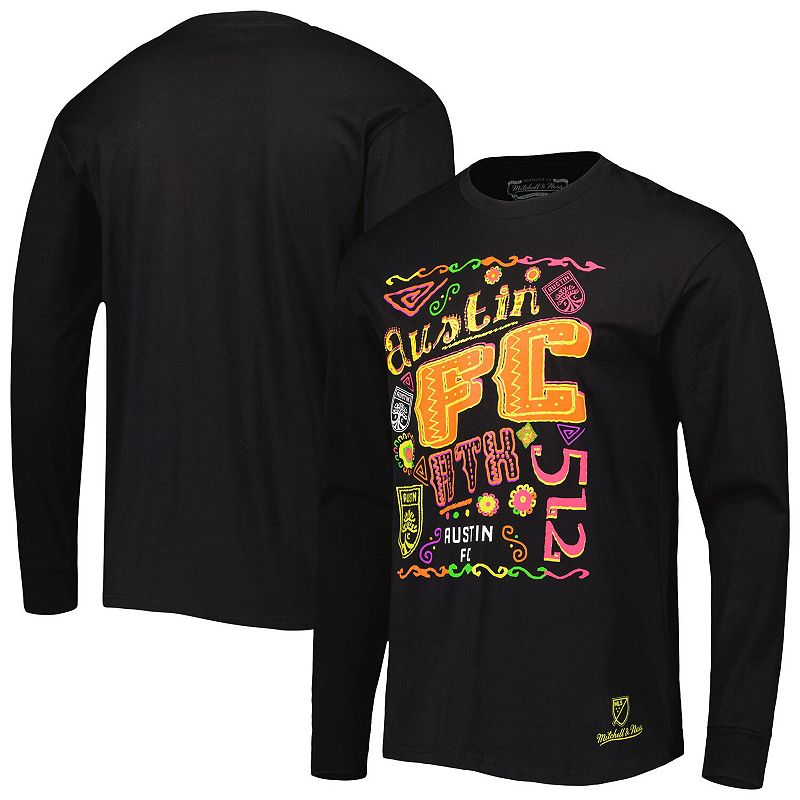Mens Mitchell & Ness Black Austin FC Papel Picado Long Sleeve T-Shirt, Siz