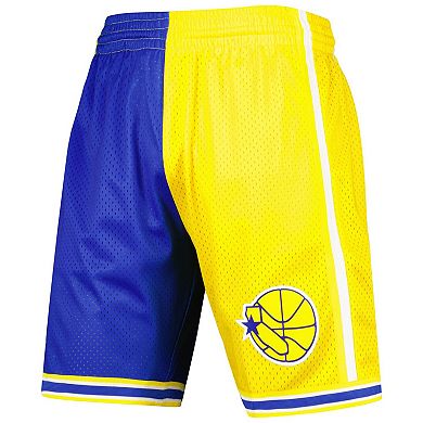 Men's Mitchell & Ness Royal/Gold Golden State Warriors Hardwood Classics 1995 Split Swingman Shorts