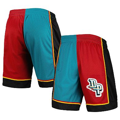 Men's Mitchell & Ness Teal/Red Detroit Pistons Hardwood Classics 1998 Split Swingman Shorts