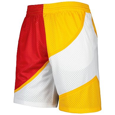 Men's Mitchell & Ness Red/Yellow Atlanta Hawks Hardwood Classics 1986 Split Swingman Shorts