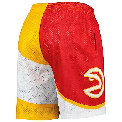 Men's Mitchell & Ness Red/Yellow Atlanta Hawks Hardwood Classics 1986 Split Swingman Shorts