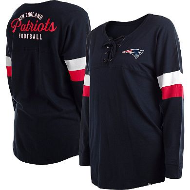 Women's New Era Navy New England Patriots Plus Size Athletic Varsity Lace-Up V-Neck Long Sleeve T-Shirt