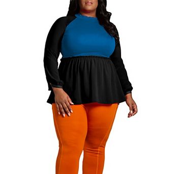 Poetic Justice Women's Plus Size Mock Neck Lantern Sleeve Two Tone Peplum Tunic Top