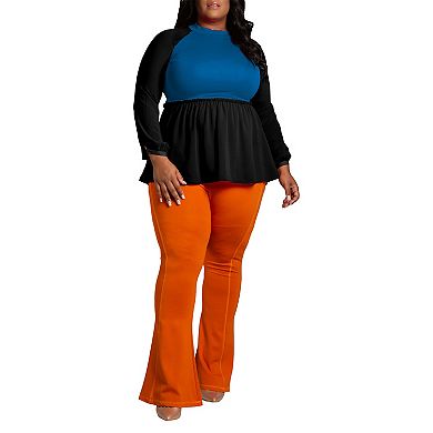 Poetic Justice Women's Plus Size Mock Neck Lantern Sleeve Two Tone Peplum Tunic Top