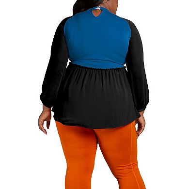 Poetic Justice Women's Plus Size Mock Neck Lantern Sleeve Two Tone Peplum Tunic Top