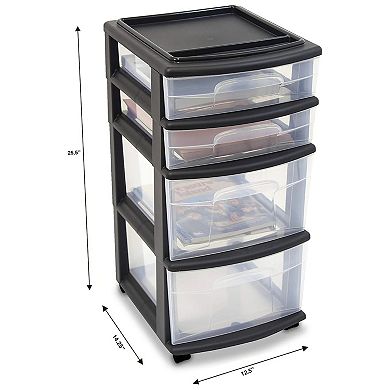 Homz Plastic 4 Drawer Medium Home Storage Container, Clear Drawers & Black Frame