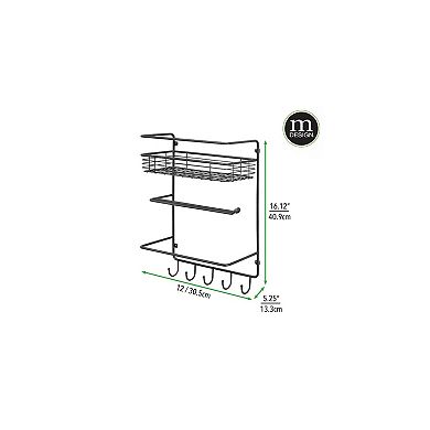 mDesign Metal Wall Mount Paper Towel Holder with Storage Shelf & Hooks - Black