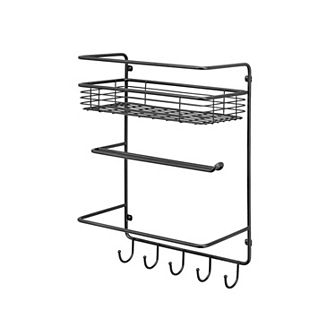 mDesign Metal Wall Mount Paper Towel Holder with Storage Shelf & Hooks - Black