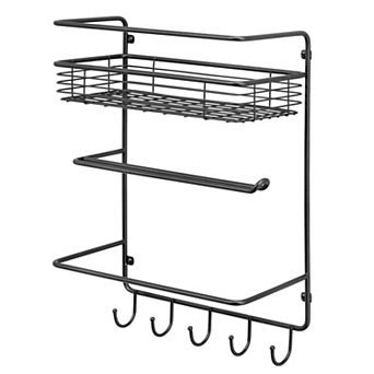 mDesign Metal Wall Mount Paper Towel Holder with Storage Shelf & Hooks - Black