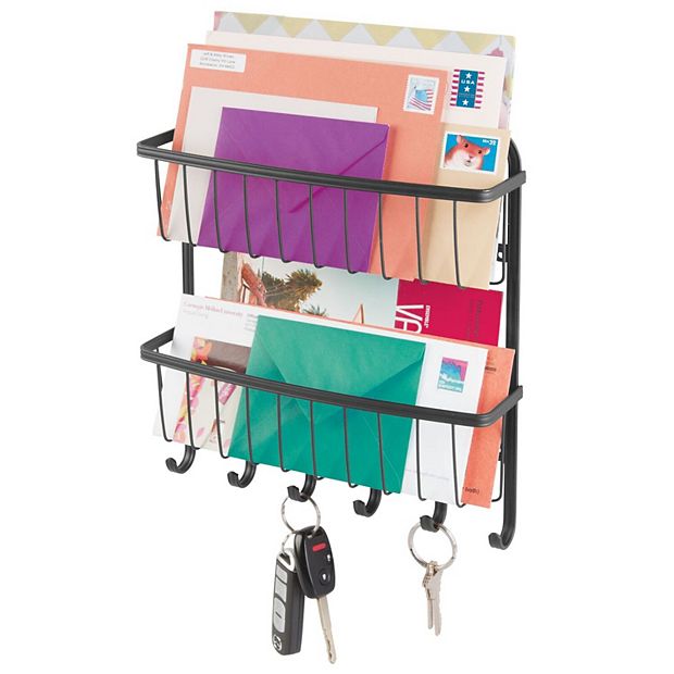 Mdesign Wall Mount 2 Tier Metal Mail Organizer Storage Basket, 6 Hooks :  Target