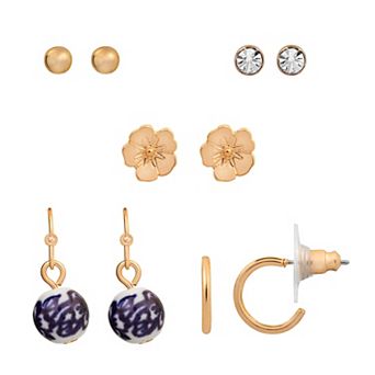 LC Lauren Conrad Gold Tone Crystal & Ceramic Floral 5-Pack Nickel Free Earrings Set