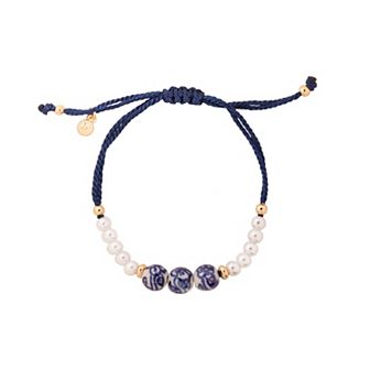 LC Lauren Conrad Gold Tone Ceramic Floral Bead & Simulated Pearl Adjustable Bracelet