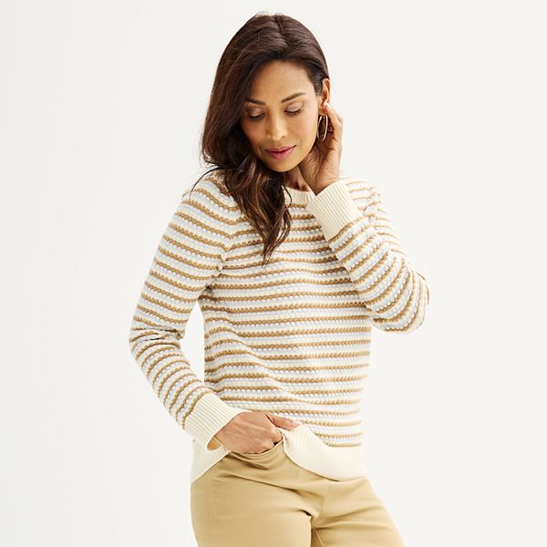 Womens Croft & Barrow® Textured Stitch Pullover Sweater - Camel Stripe (LARGE)