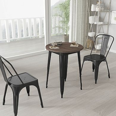 Merrick Lane 24" Round Metal Indoor Table with Steel Frame and Walnut Wood Top