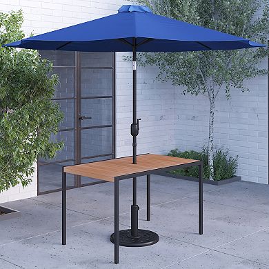 Merrick Lane 30" x 48" Outdoor Powder Coated Steel Dining Table with Faux Teak Poly Slat Top, 9' Red Patio Umbrella and Base
