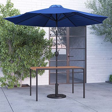 Merrick Lane 30" x 48" Outdoor Powder Coated Steel Dining Table with Faux Teak Poly Slat Top, 9' Red Patio Umbrella and Base