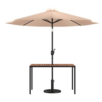 Merrick Lane 30" x 48" Outdoor Powder Coated Steel Dining Table with Faux Teak Poly Slat Top, 9' Red Patio Umbrella and Base