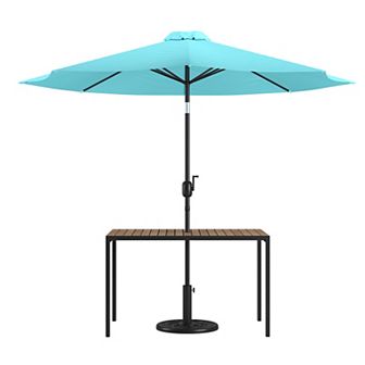 Merrick Lane 30" x 48" Outdoor Powder Coated Steel Dining Table with Faux Teak Poly Slat Top, 9' Red Patio Umbrella and Base