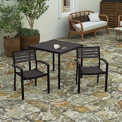 Merrick Lane Set of Two Aluminum Stacking Chairs with Faux Teak Slatted Back and Seat and Faux Teak Accented Arms