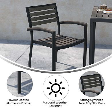 Merrick Lane Set of Two Aluminum Stacking Chairs with Faux Teak Slatted Back and Seat and Faux Teak Accented Arms