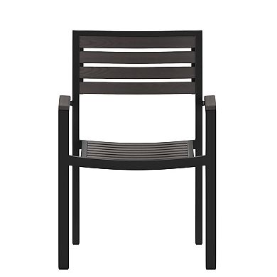 Merrick Lane Set of Two Aluminum Stacking Chairs with Faux Teak Slatted Back and Seat and Faux Teak Accented Arms