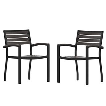 Merrick Lane Set of Two Aluminum Stacking Chairs with Faux Teak Slatted Back and Seat and Faux Teak Accented Arms
