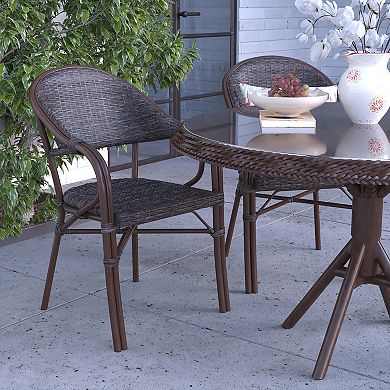 Merrick Lane Kailua Dark Brown Wicker Rattan Patio Chair With Curved Back And Red Aluminum Rattan Frame