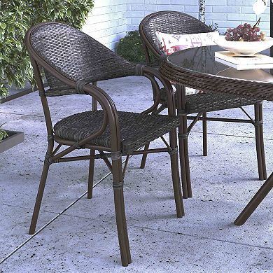 Merrick Lane Kailua Dark Brown Wicker Rattan Patio Chair With Curved Back And Red Aluminum Rattan Frame