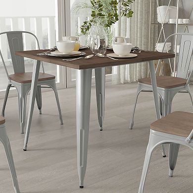 Merrick Lane Modern 31.5" Square Metal Table with Walnut Finished Wood Top for Indoor Use