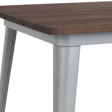 Merrick Lane Modern 31.5" Square Silver Metal Table with Rustic Walnut Finished Wood Top for Indoor Use