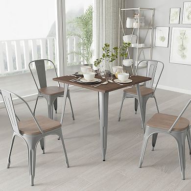 Merrick Lane Modern 31.5" Square Metal Table with Walnut Finished Wood Top for Indoor Use