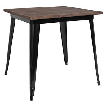 Merrick Lane Modern 31.5" Square Metal Table with Walnut Finished Wood Top for Indoor Use