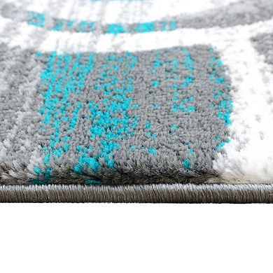Masada Rugs Masada Rugs Stephanie Collection 3'x16' Area Rug Runner with Modern Contemporary Design 1103 in Turquoise, Gray, White and Black