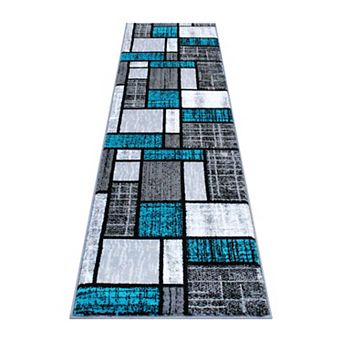 Masada Rugs Masada Rugs Stephanie Collection Design 1110 2'x7' Modern Contemporary Area Rug in Turquoise, Gray, Black and White