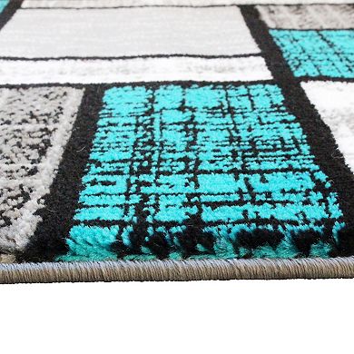 Masada Rugs Masada Rugs Stephanie Collection Design 1110 2'x7' Modern Contemporary Area Rug in Turquoise, Gray, Black and White
