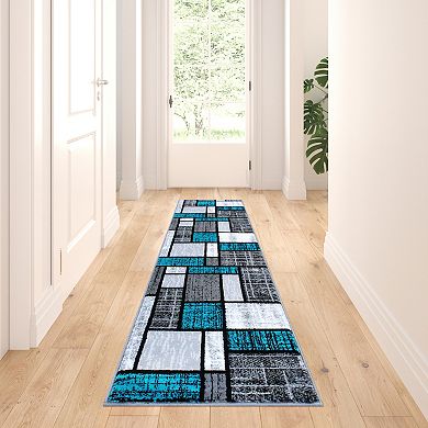 Masada Rugs Masada Rugs Stephanie Collection Design 1110 2'x7' Modern Contemporary Area Rug in Turquoise, Gray, Black and White