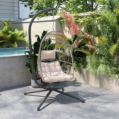 Merrick Lane Riley Foldable Woven Hanging Egg Chair in Gray with Removable Gray Cushions and Stand for Indoor and Outdoor Use