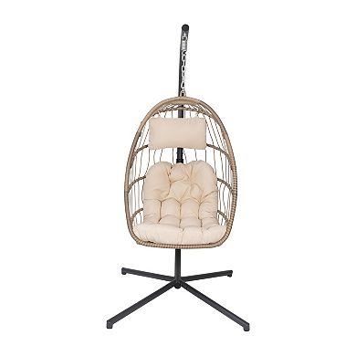 Merrick Lane Riley Foldable Woven Hanging Egg Chair in Gray with Removable Gray Cushions and Stand for Indoor and Outdoor Use