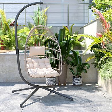 Merrick Lane Riley Foldable Woven Hanging Egg Chair in Gray with Removable Gray Cushions and Stand for Indoor and Outdoor Use