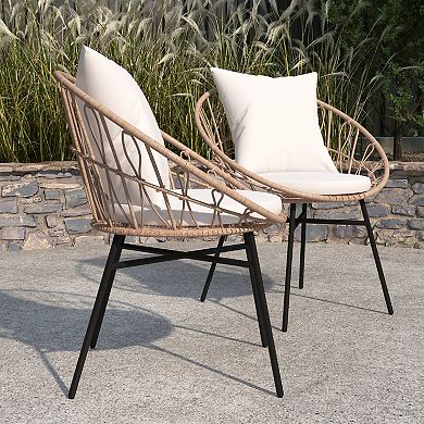 Merrick Lane Alma Set Of 2 Faux Rattan Rope Patio Chairs, Tan Papasan Style Indoor/Outdoor Chairs with Light Gray Seat & Back Cushions