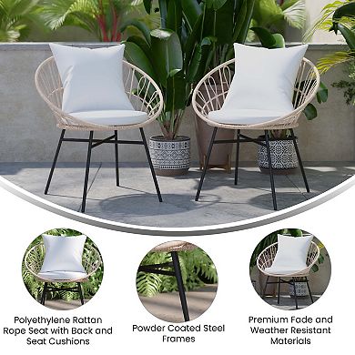 Merrick Lane Alma Set Of 2 Faux Rattan Rope Patio Chairs, Tan Papasan Style Indoor/Outdoor Chairs with Light Gray Seat & Back Cushions