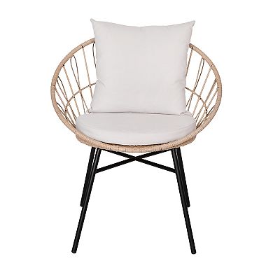 Merrick Lane Alma Set Of 2 Faux Rattan Rope Patio Chairs, Tan Papasan Style Indoor/Outdoor Chairs with Light Gray Seat & Back Cushions