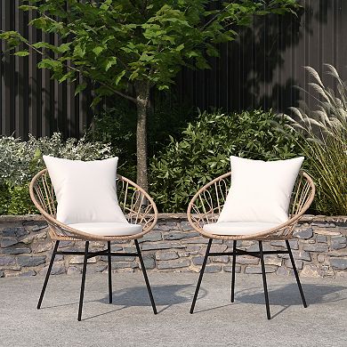 Merrick Lane Alma Set Of 2 Faux Rattan Rope Patio Chairs, Tan Papasan Style Indoor/Outdoor Chairs with Light Gray Seat & Back Cushions